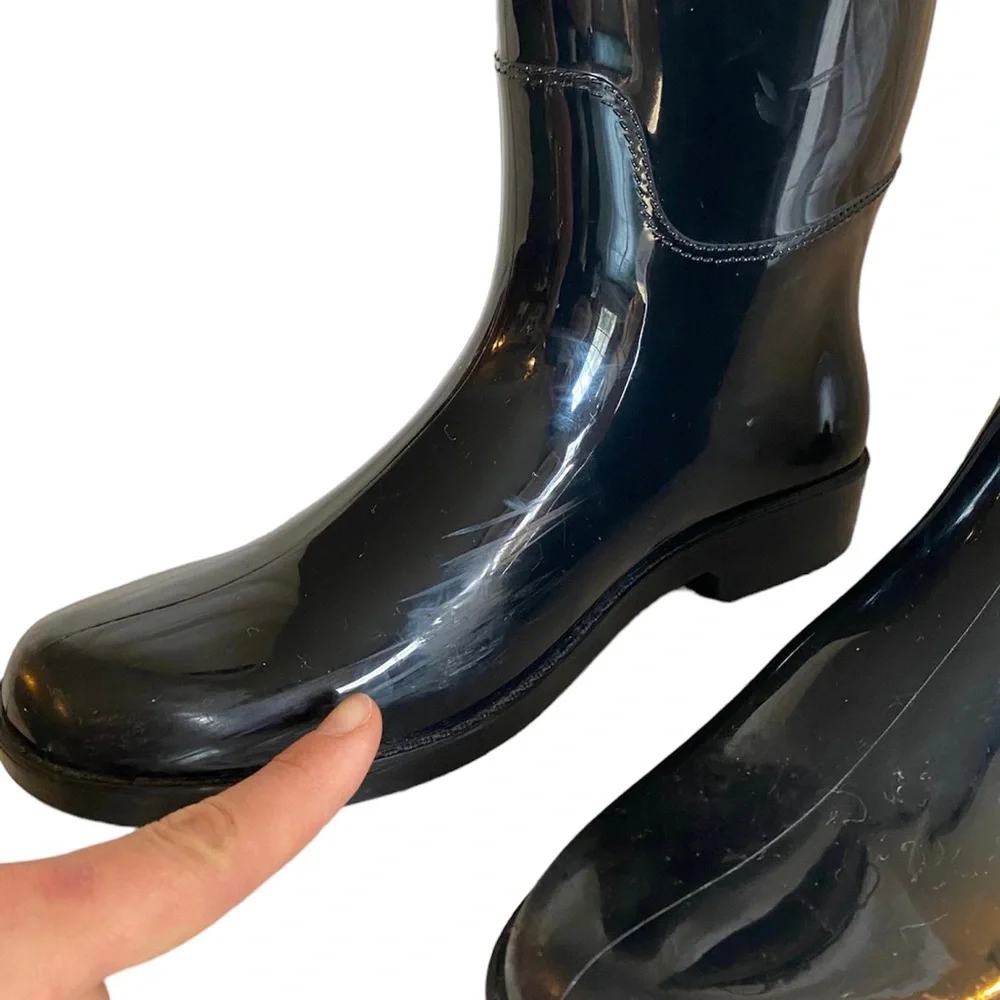 Coach Black Rubber Boots Gold Buckle Knee High 9 Concert classic‎ statment